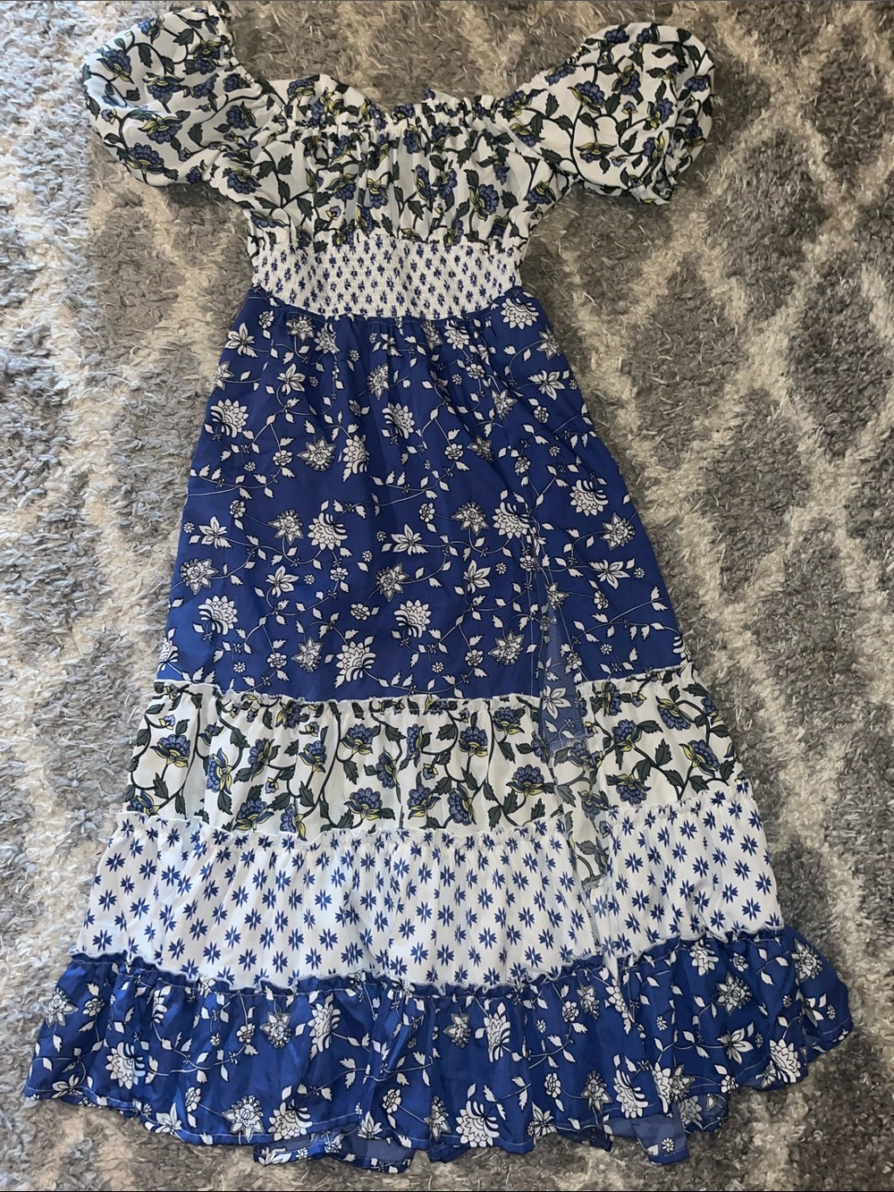 indulge Blue and White Floral Tiered Off-Shoulder Dress